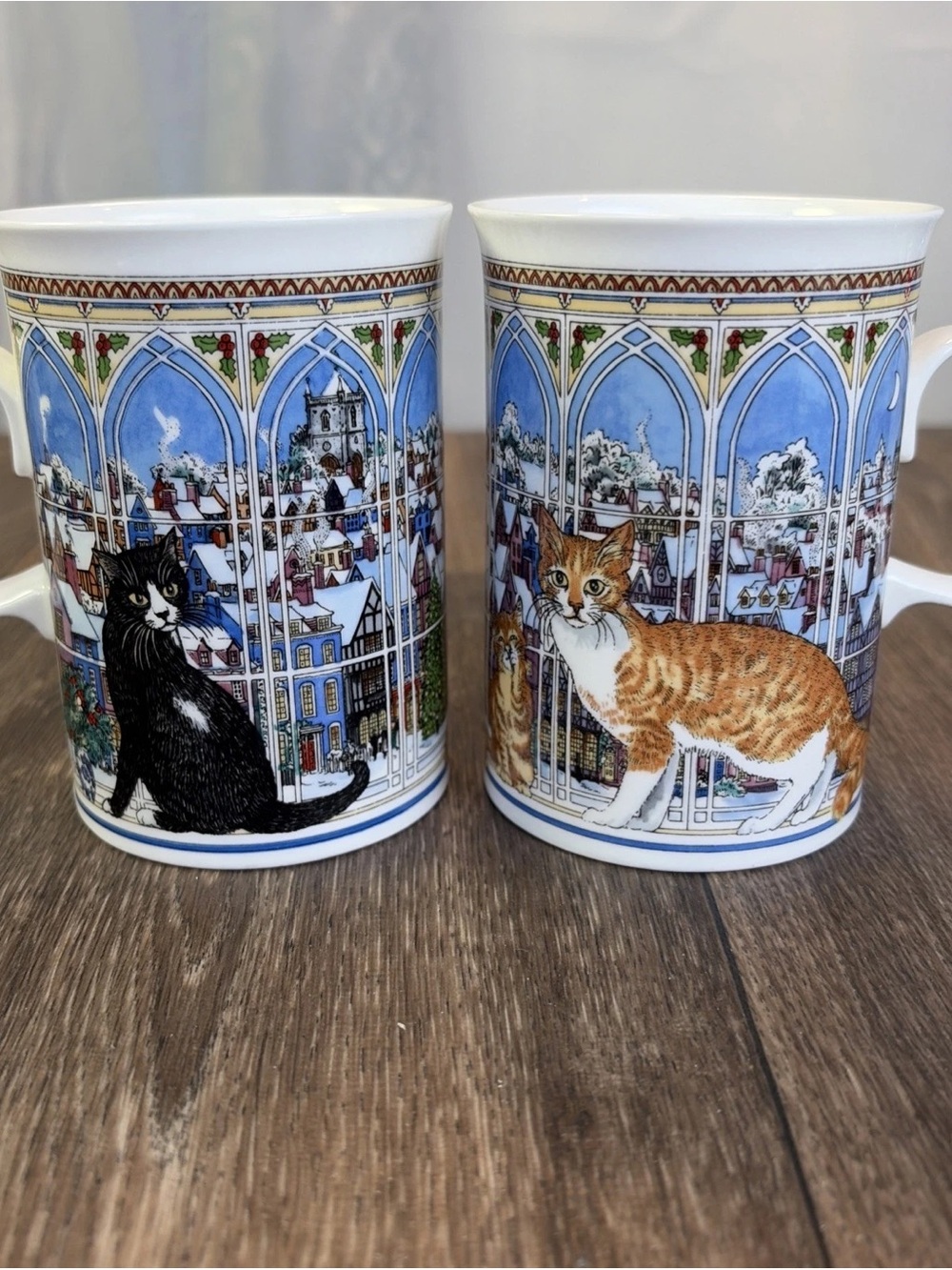 Set of 2 Vintage Dunoon Cat Mugs Christmas Cats by Sue Scullard Made In England